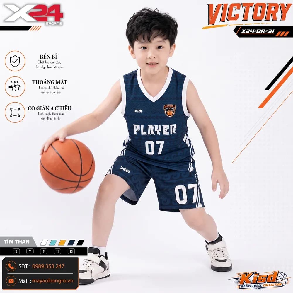 Mẫu áo bóng rổ trẻ em mẫu thiết kế riêng màu Tím than tại X24 Sport
