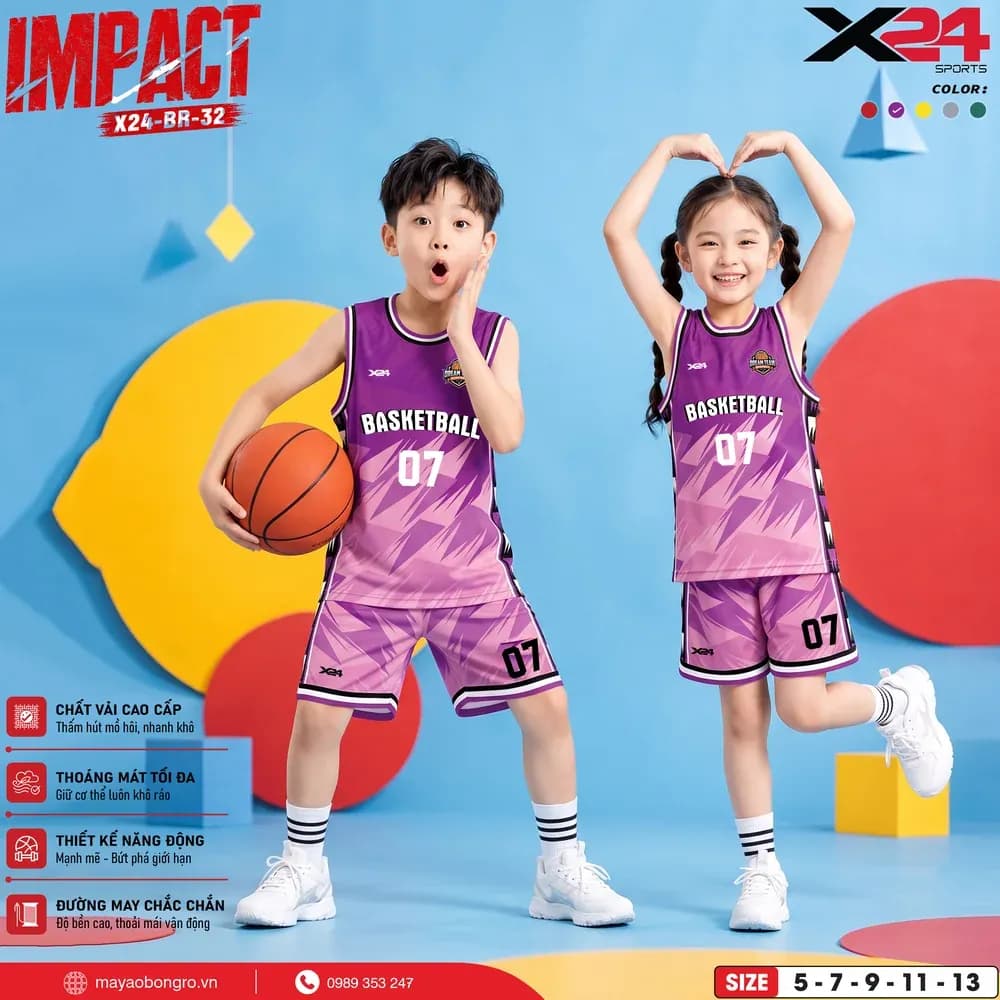 Mẫu áo bóng rổ trẻ em X24-BR-32 màu Tím tại X24 Sport
