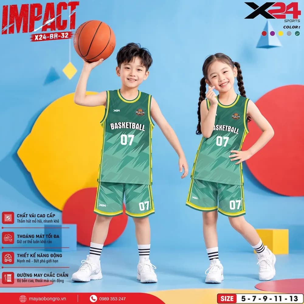 Mẫu áo bóng rổ trẻ em X24-BR-32 màu Xanh ve chai tại X24 Sport