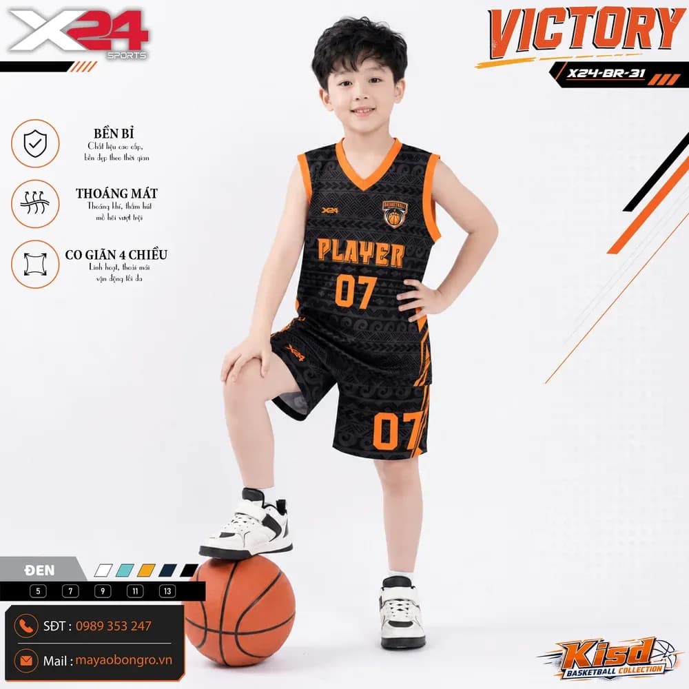 Mẫu áo bóng rổ trẻ em mẫu thiết kế riêng màu Đen tại X24 Sport