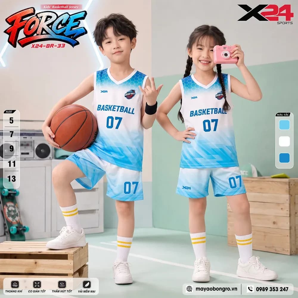 Mẫu áo bóng rổ trẻ em mẫu thiết kế riêng màu Xanh dương tại X24 Sport