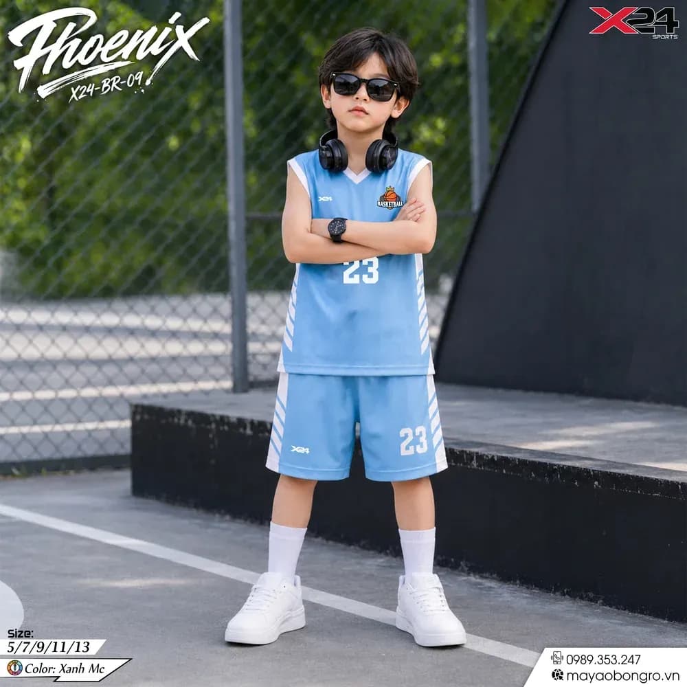 Mẫu áo bóng rổ trẻ em mẫu thiết kế riêng màu Xanh dương tại X24 Sport