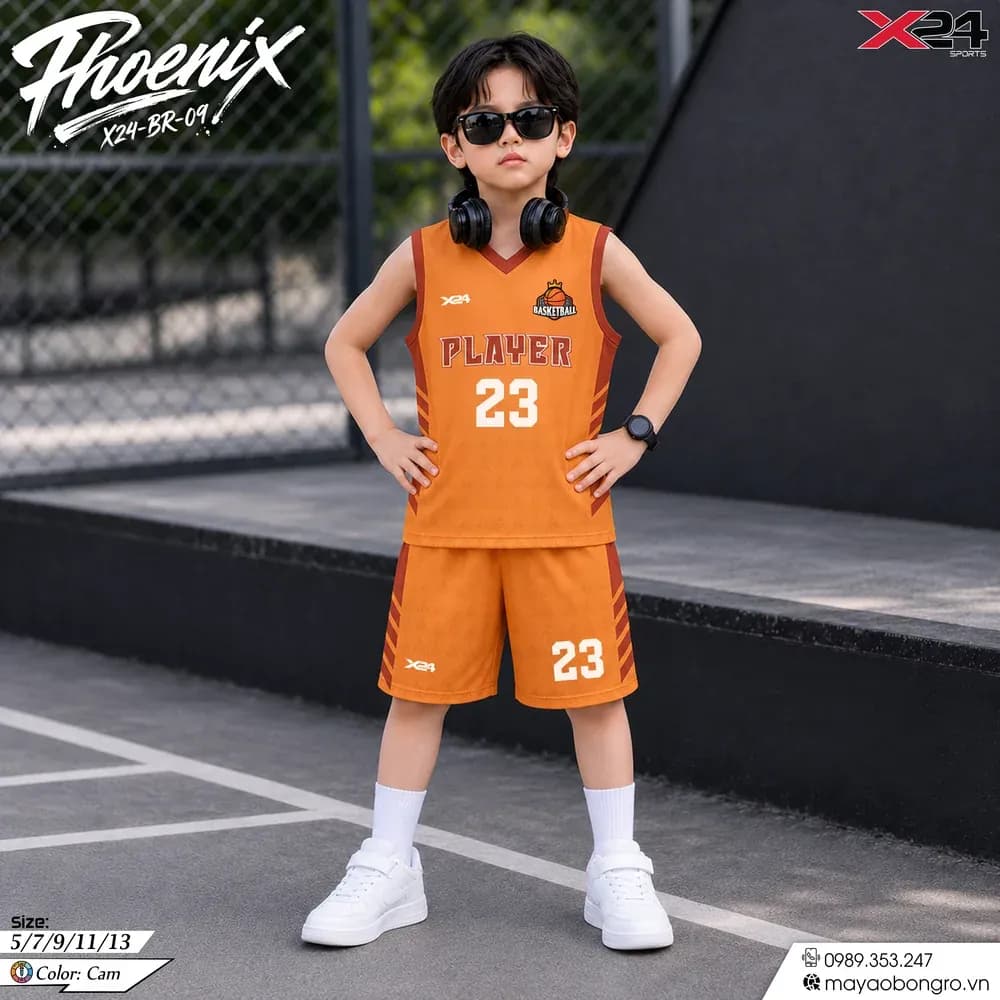 Mẫu áo bóng rổ trẻ em mẫu thiết kế riêng màu Cam tại X24 Sport