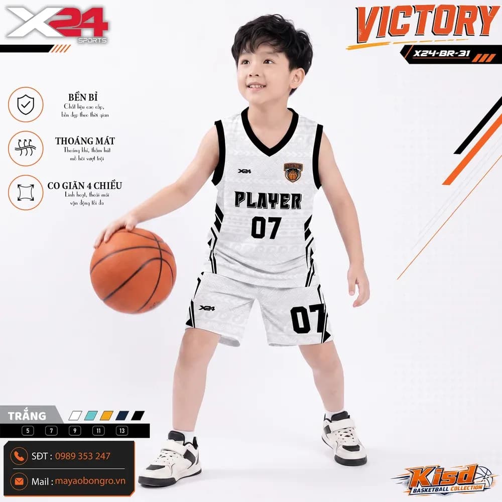 Mẫu áo bóng rổ trẻ em mẫu thiết kế riêng màu Trắng tại X24 Sport