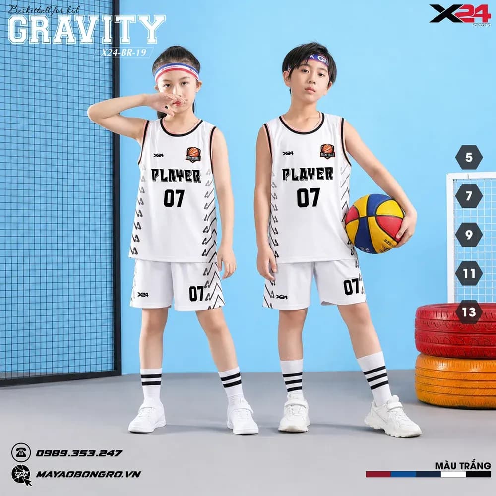 Mẫu áo bóng rổ trẻ em mẫu thiết kế riêng màu Trắng tại X24 Sport