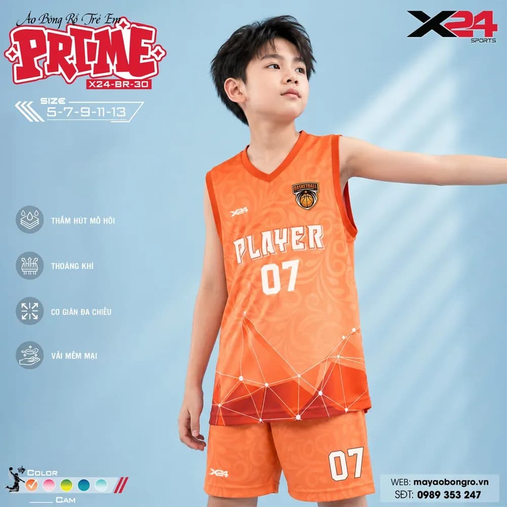 Mẫu áo bóng rổ trẻ em mẫu thiết kế riêng màu Cam tại X24 Sport