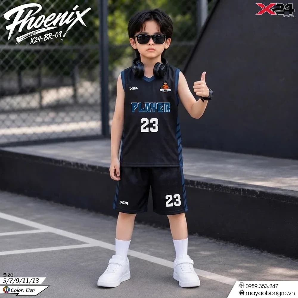 Mẫu áo bóng rổ trẻ em mẫu thiết kế riêng màu Đen tại X24 Sport