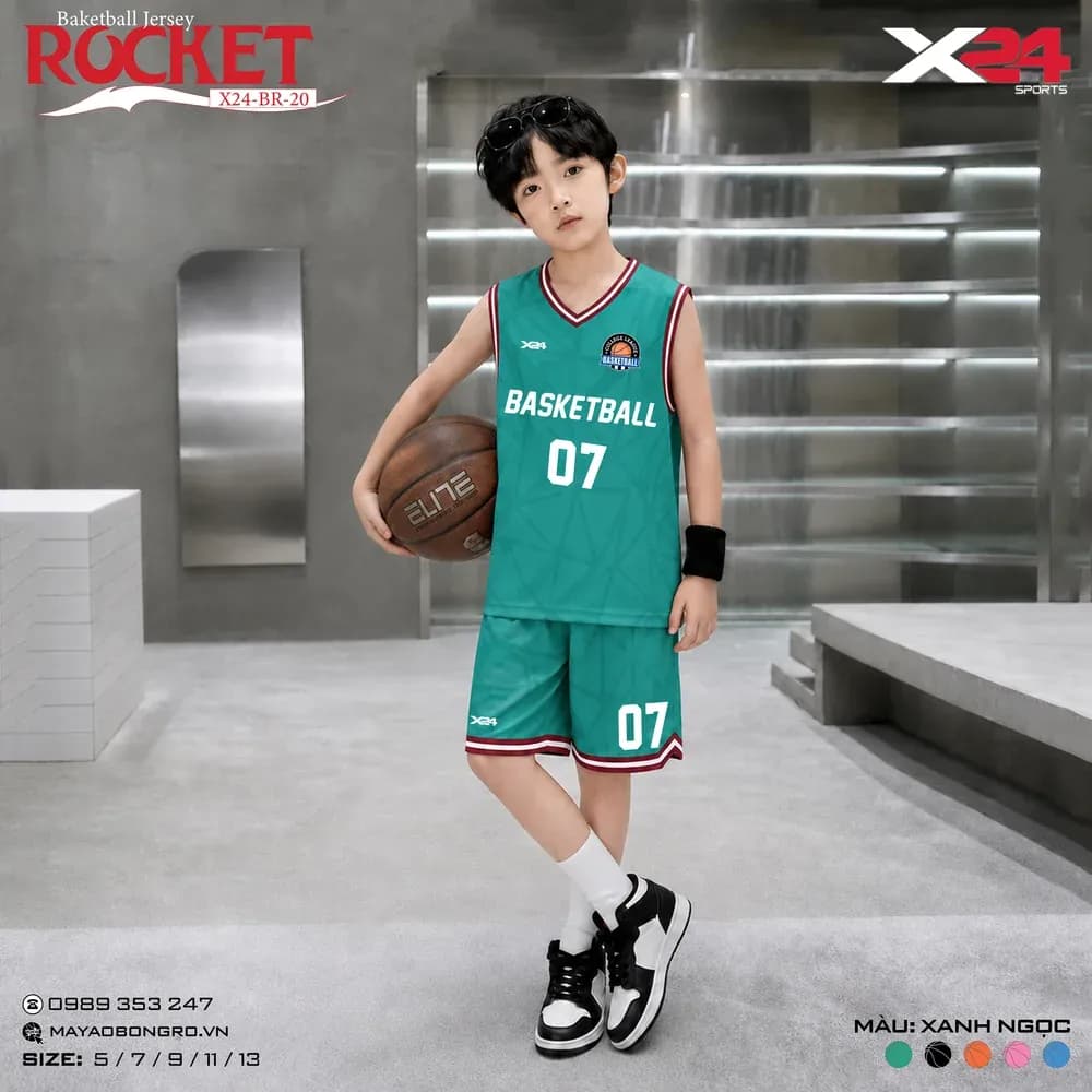 Mẫu áo bóng rổ trẻ em mẫu thiết kế riêng Rocket màu Xanh ngọc tại X24 Sport