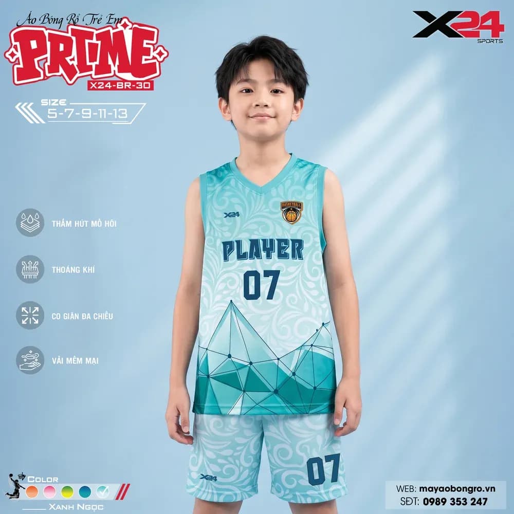 Mẫu áo bóng rổ trẻ em mẫu thiết kế riêng màu Xanh ngọc tại X24 Sport