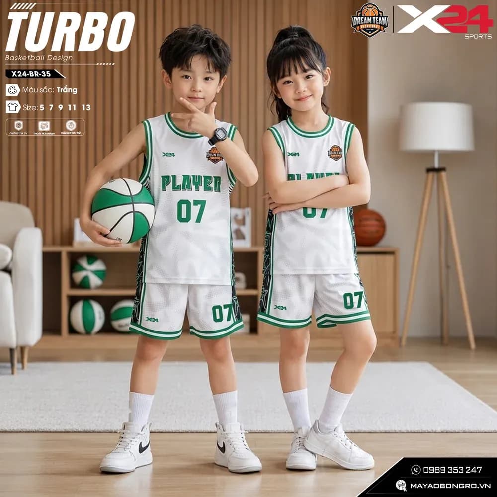 Mẫu áo bóng rổ trẻ em mẫu thiết kế riêng màu Trắng tại X24 Sport