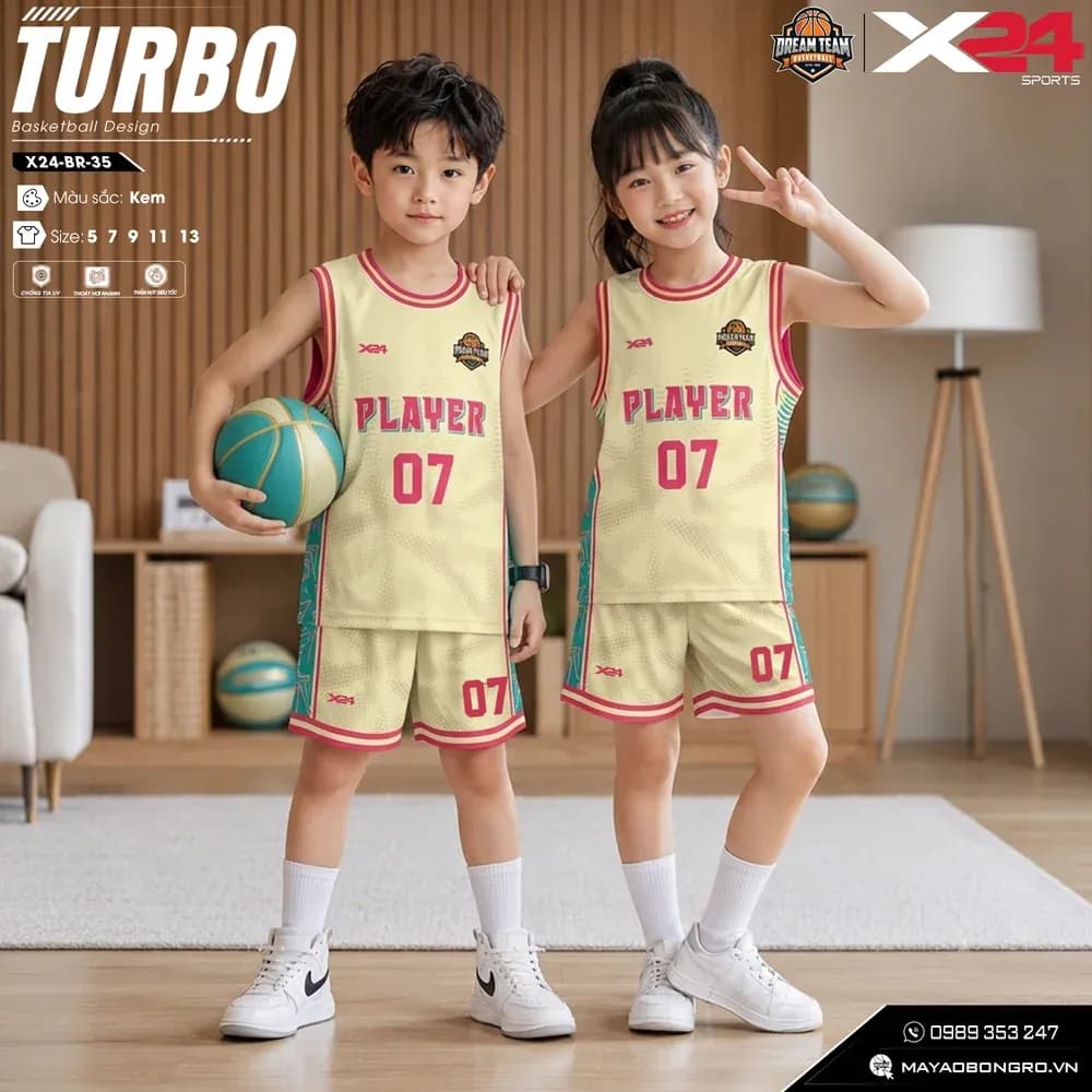 Mẫu áo bóng rổ trẻ em mẫu thiết kế riêng màu Kem tại X24 Sport