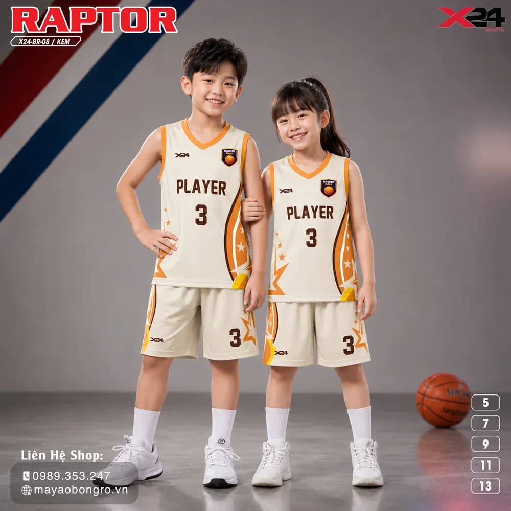 Mẫu áo bóng rổ trẻ em mẫu thiết kế riêng màu Kem tại X24 Sport