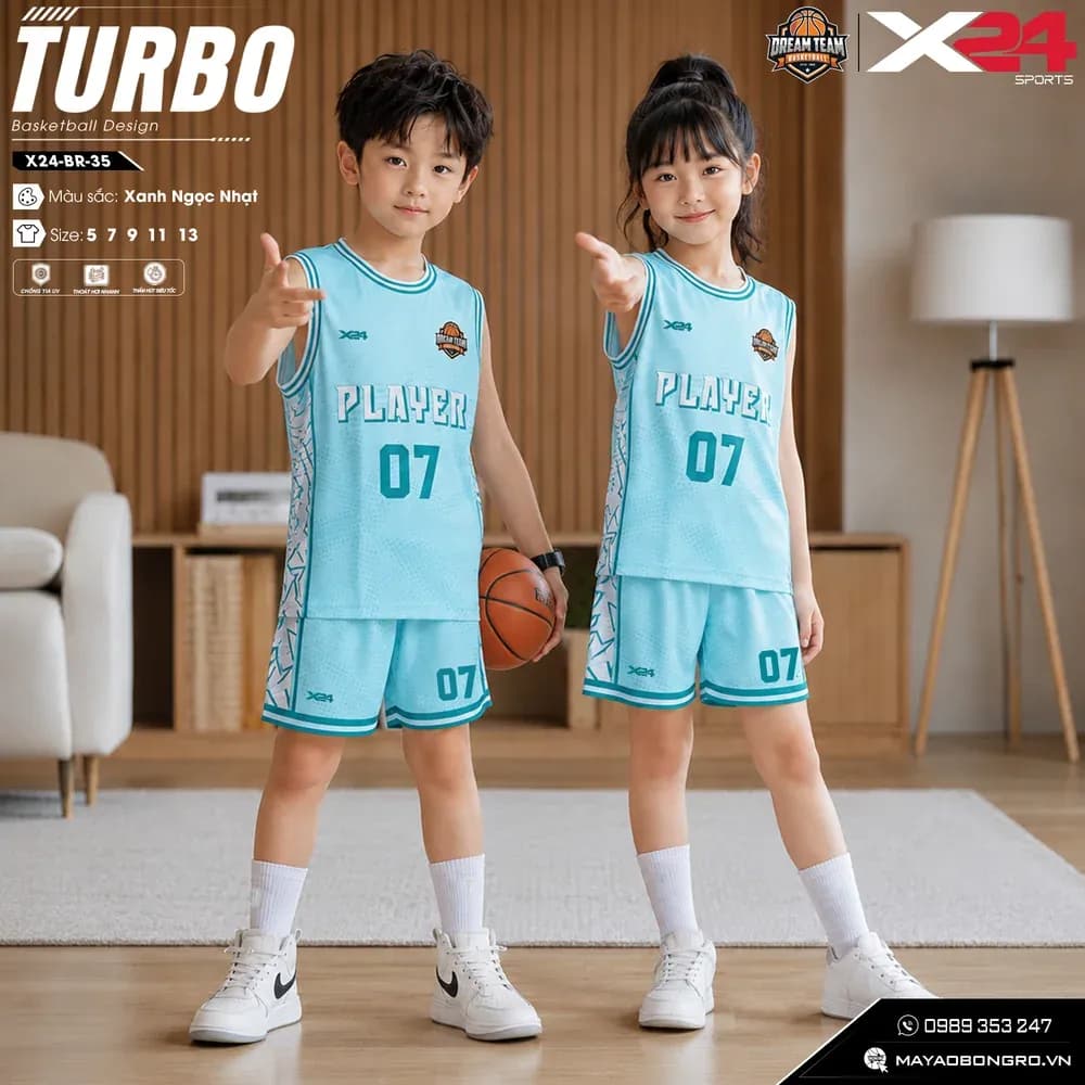 Mẫu áo bóng rổ trẻ em mẫu thiết kế riêng màu Xanh ngọc tại X24 Sport