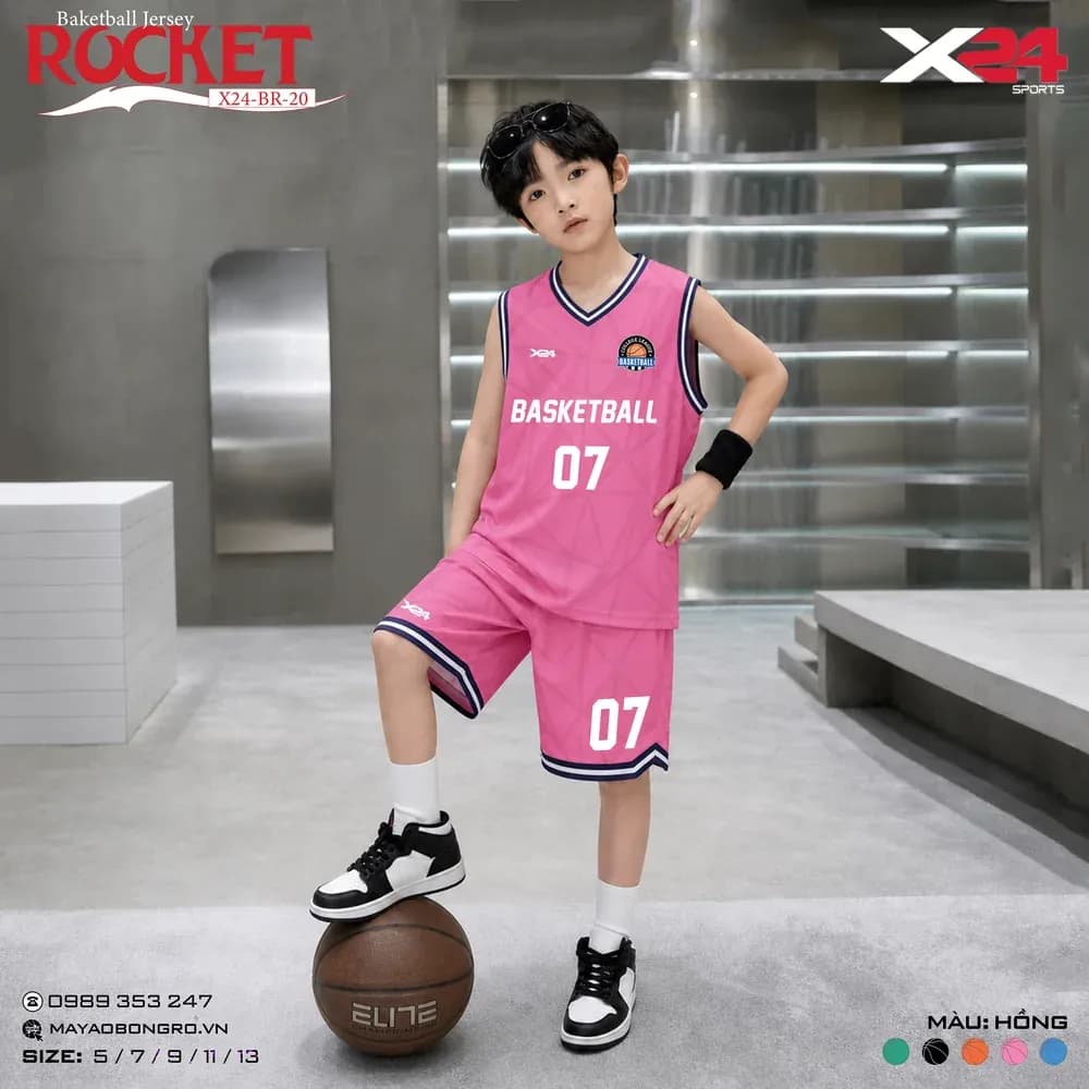 Mẫu áo bóng rổ trẻ em mẫu thiết kế riêng Rocket màu Hồng tại X24 Sport