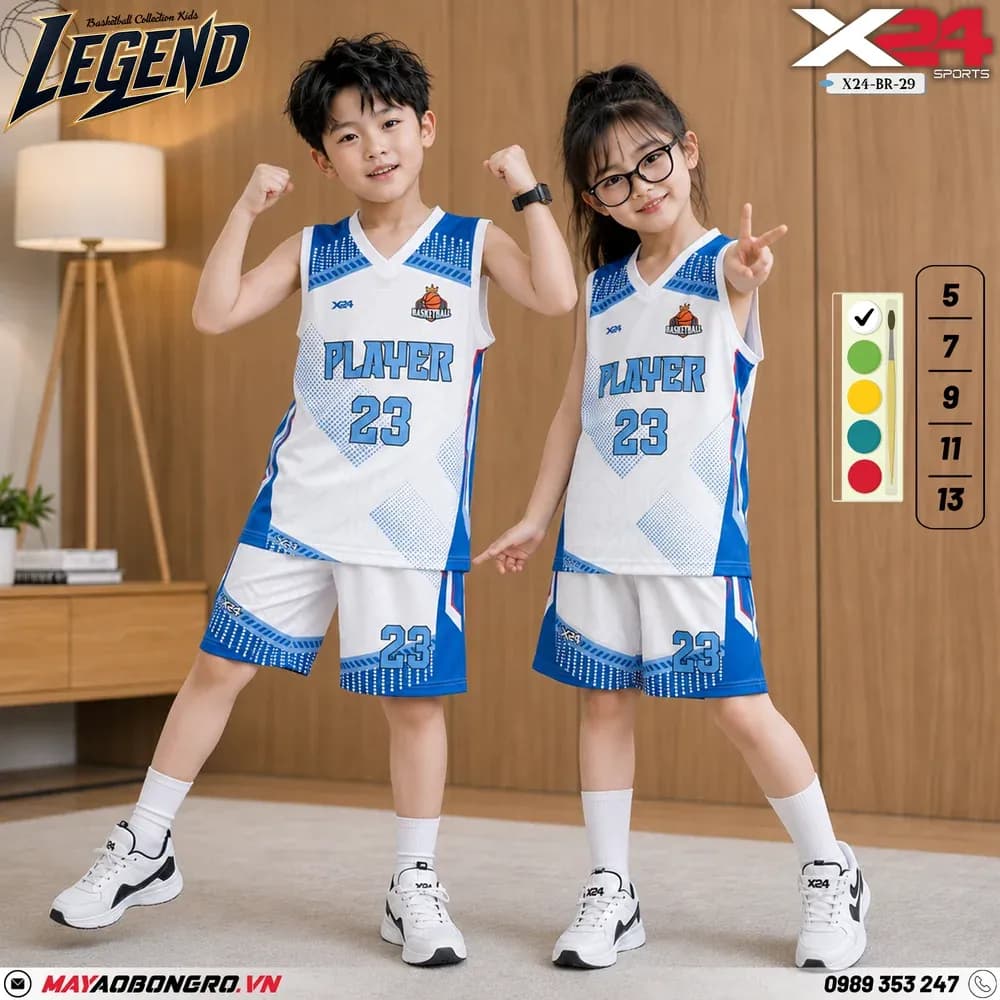 Mẫu áo bóng rổ trẻ em mẫu thiết kế riêng màu Trắng tại X24 Sport