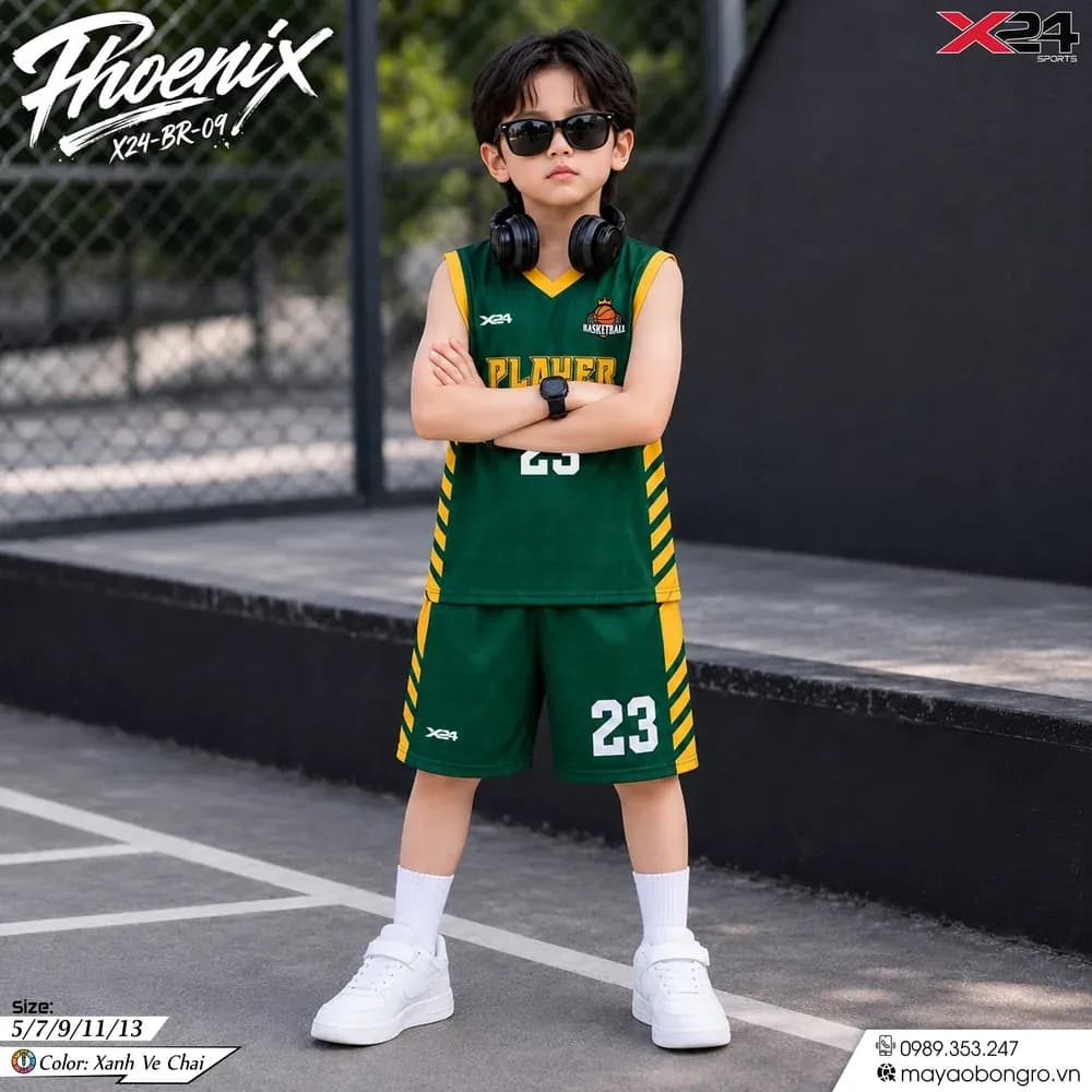 Mẫu áo bóng rổ trẻ em mẫu thiết kế riêng màu Xanh ve chai tại X24 Sport