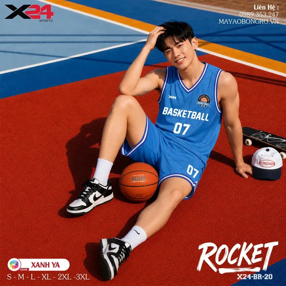 Mẫu áo bóng rổ mẫu thiết kế riêng Rocket màu Xanh dương tại X24 Sport