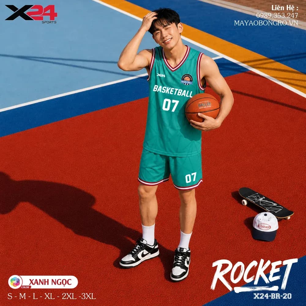 Mẫu áo bóng rổ mẫu thiết kế riêng Rocket màu Xanh ngọc tại X24 Sport
