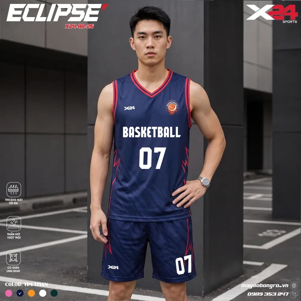 Mẫu áo bóng rổ X24-BR-26 Eclipse màu Tím than tại X24 Sport