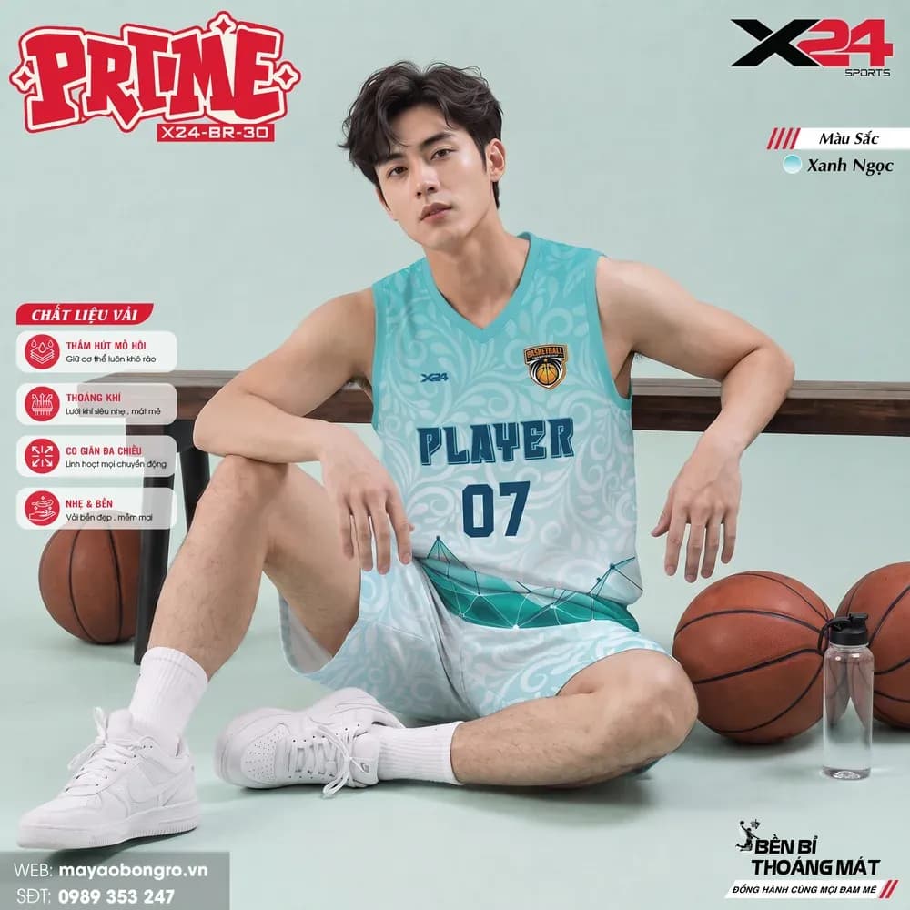 Mẫu áo bóng rổ mẫu thiết kế riêng màu Xanh ngọc tại X24 Sport
