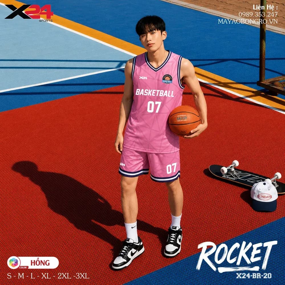 Mẫu áo bóng rổ mẫu thiết kế riêng Rocket màu Hồng tại X24 Sport