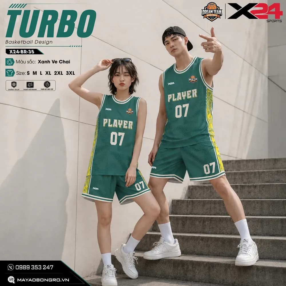 Mẫu áo bóng rổ mẫu thiết kế riêng màu Xanh ve chai tại X24 Sport