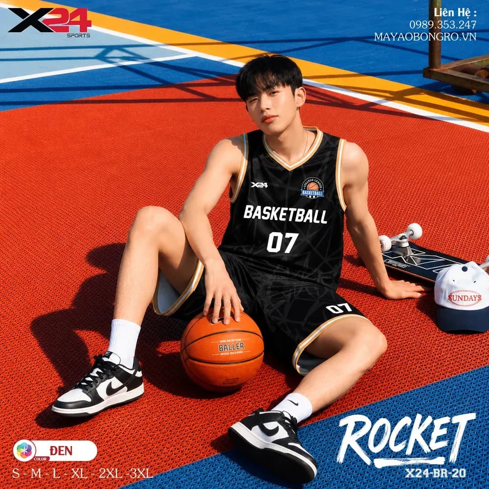 Mẫu áo bóng rổ mẫu thiết kế riêng Rocket màu Đen tại X24 Sport