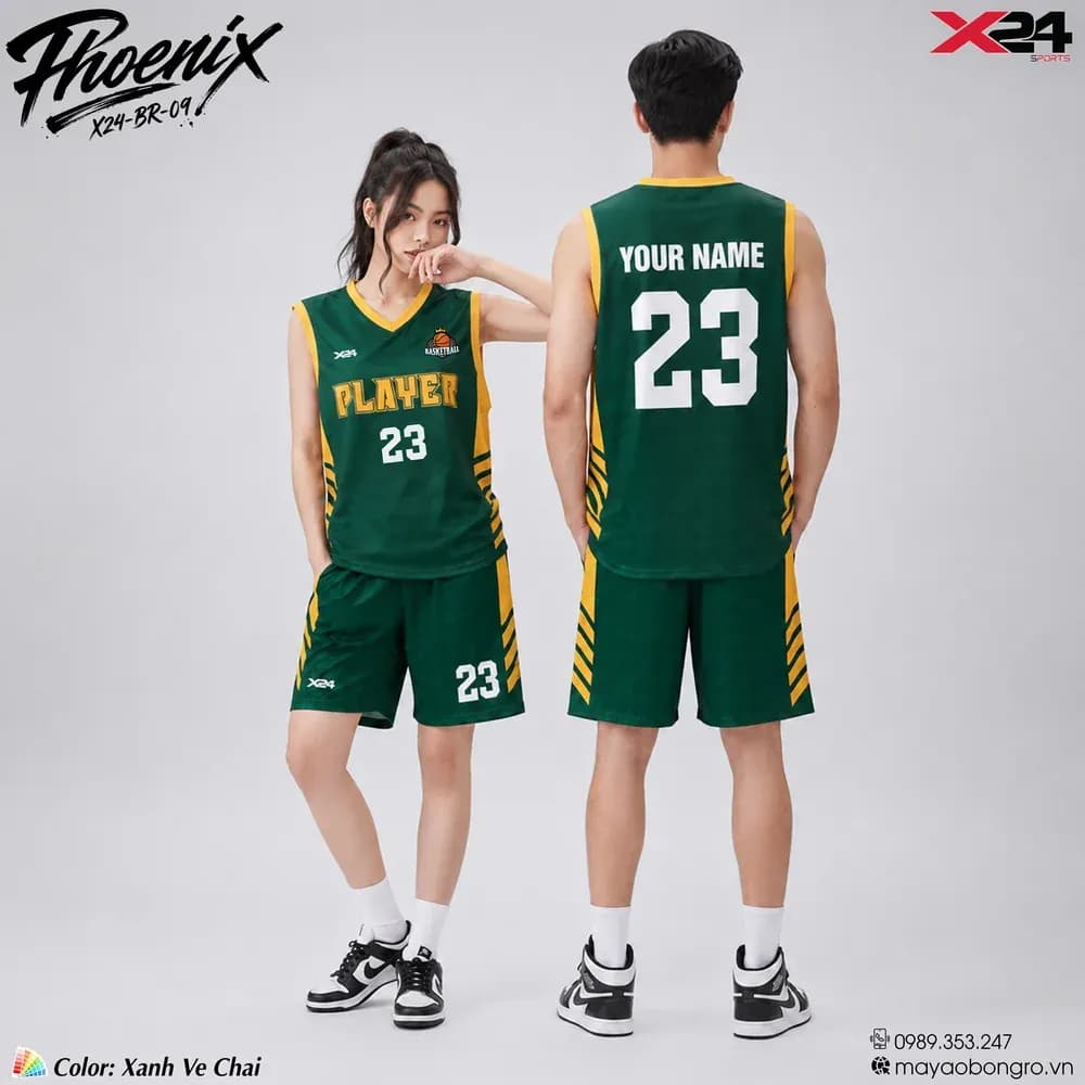 Mẫu áo bóng rổ mẫu thiết kế riêng màu Xanh ve chai tại X24 Sport