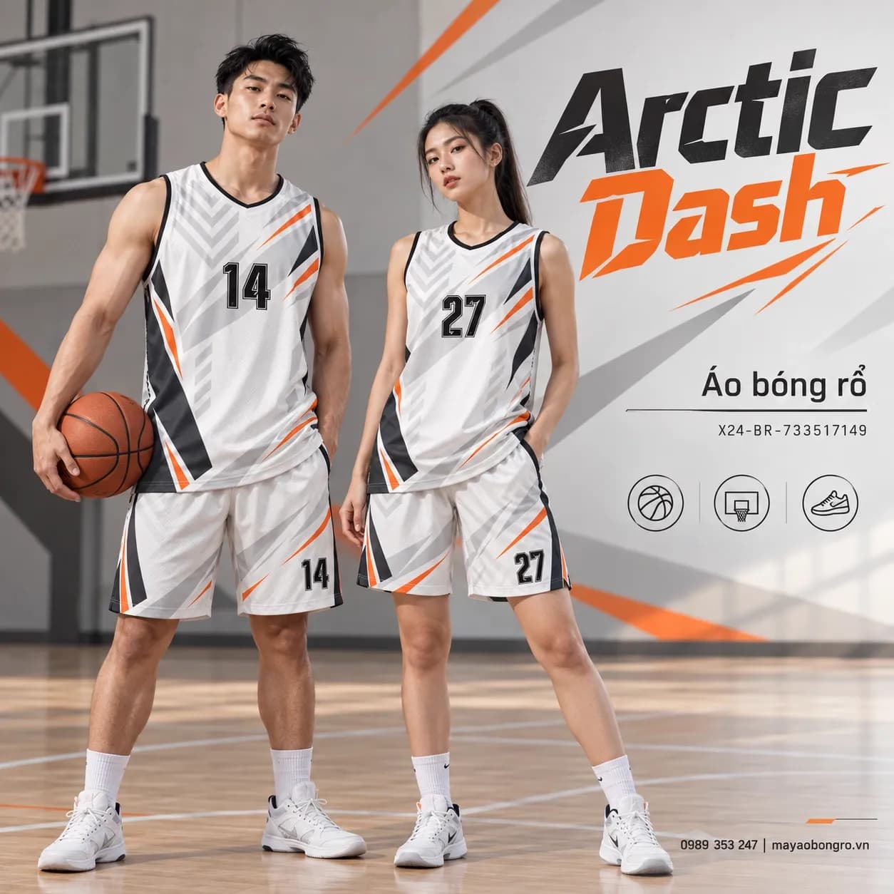 Áo bóng rổ sát nách Arctic Dash phối trắng ngà, xám, đen và cam