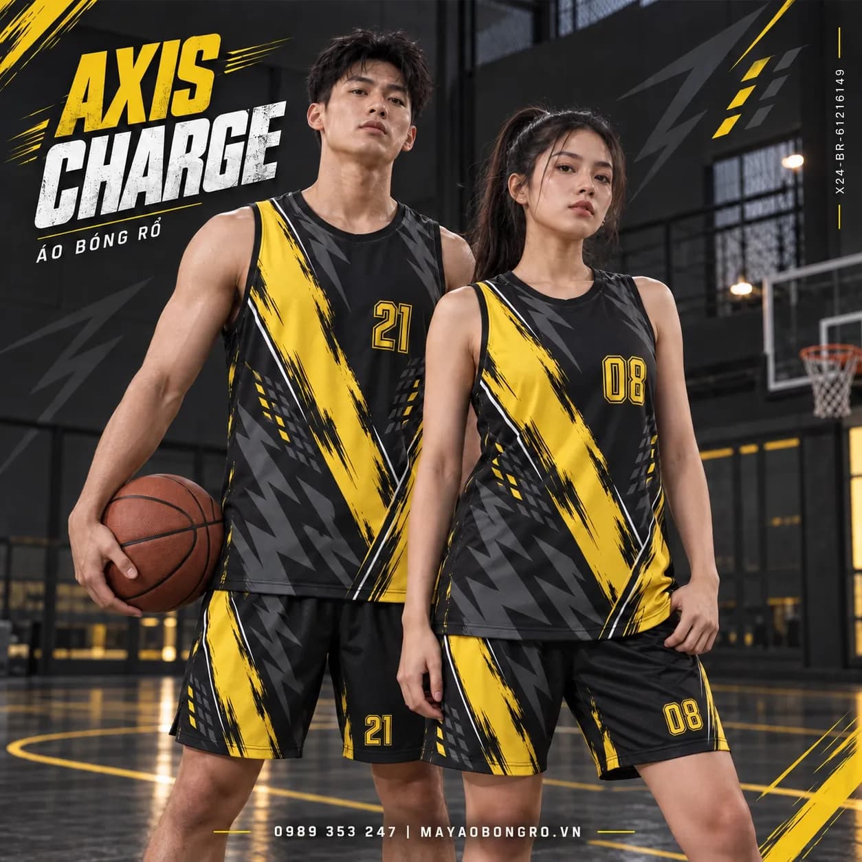 Áo bóng rổ sát nách Axis Charge đen vàng phối họa tiết tia sét