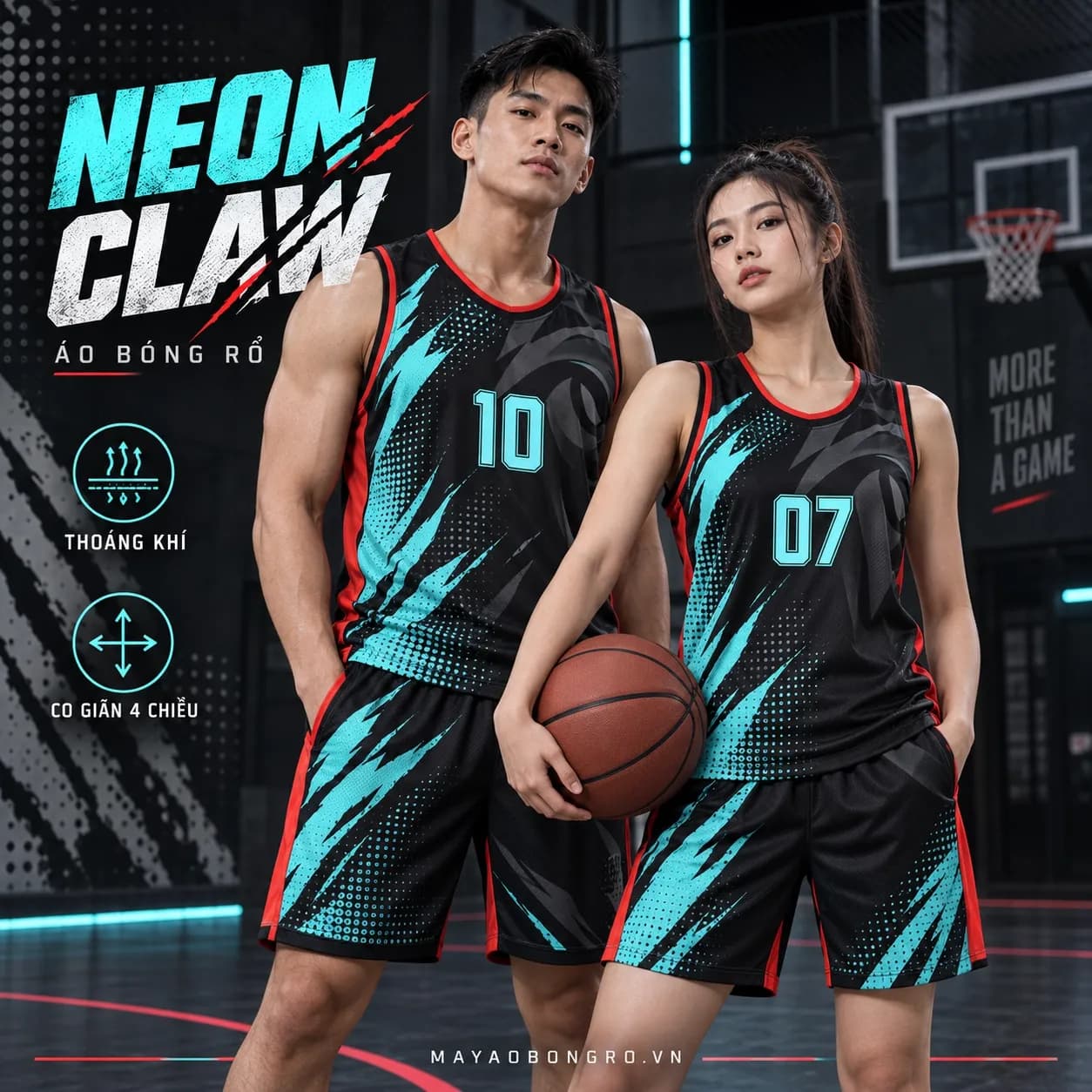 Áo bóng rổ Neon Claw đen xanh cyan phối viền đỏ cho đội bóng