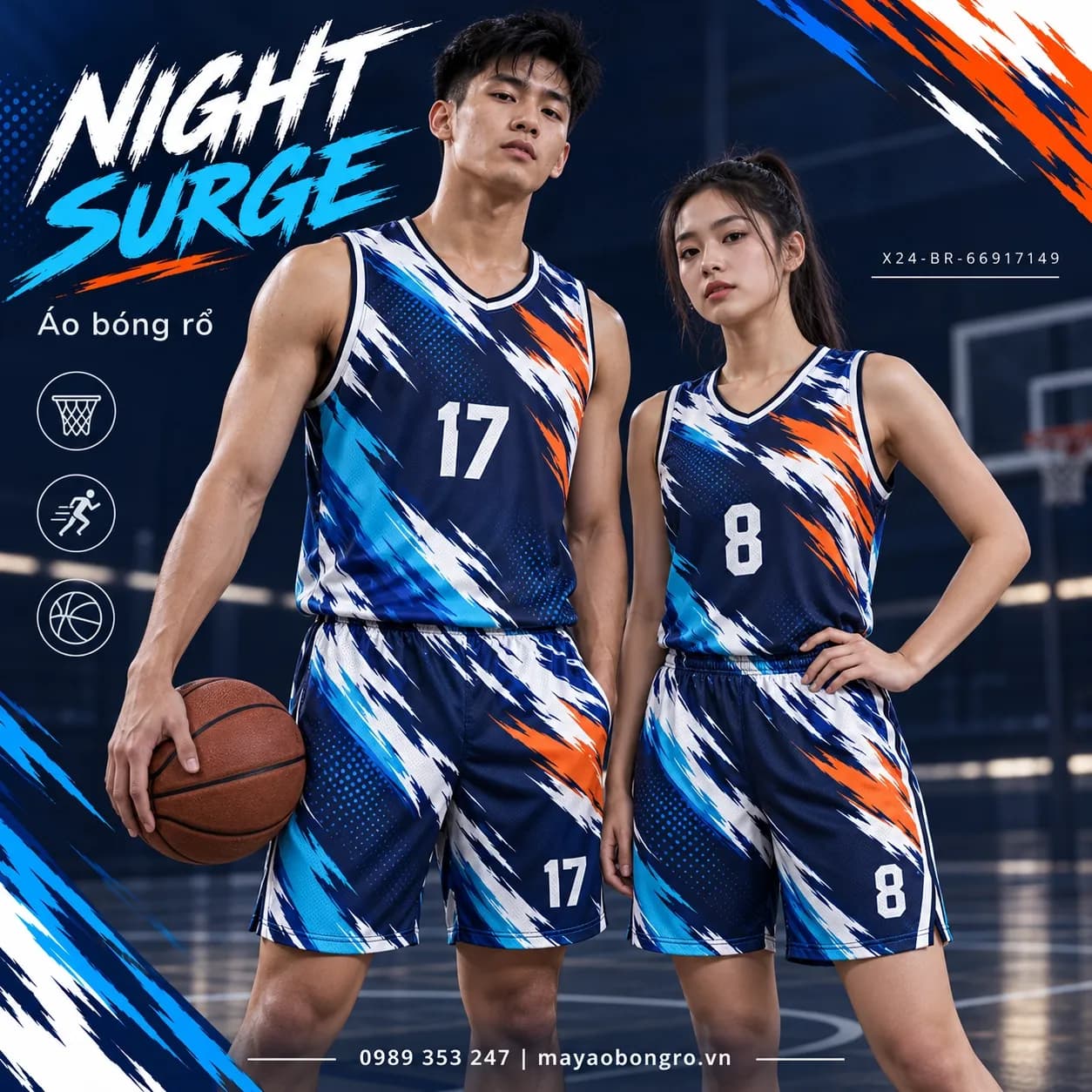Áo bóng rổ sát nách Night Surge phối xanh navy, cyan, trắng và cam trên sân bóng