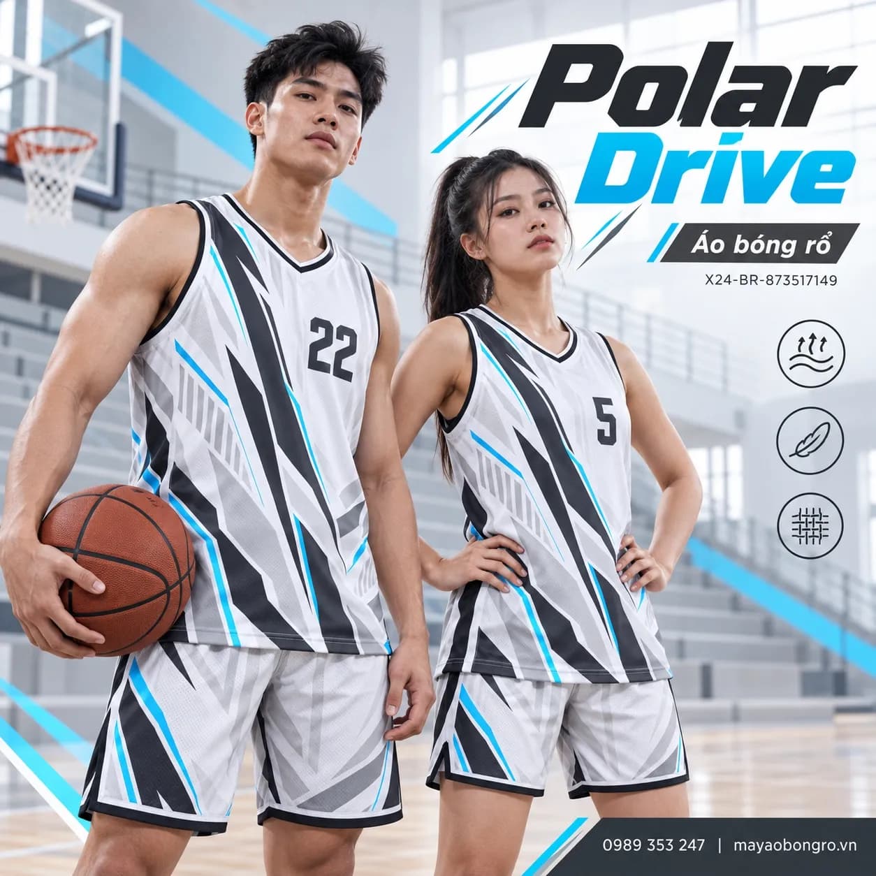 Áo bóng rổ sát nách Polar Drive phối trắng, xám graphite và xanh cyan