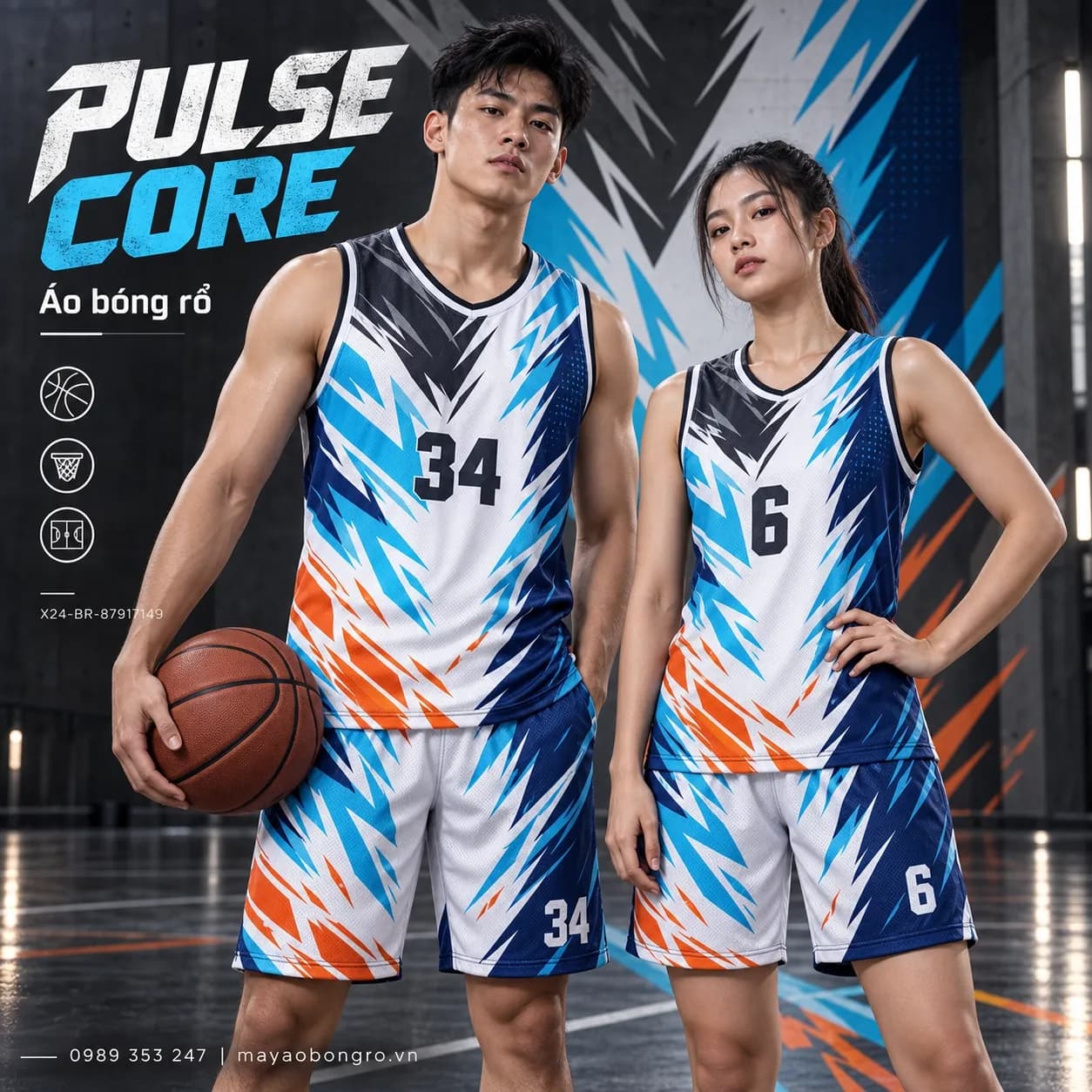 Áo bóng rổ sát nách Pulse Core phối graphite, navy, cyan, trắng và cam trên sân bóng