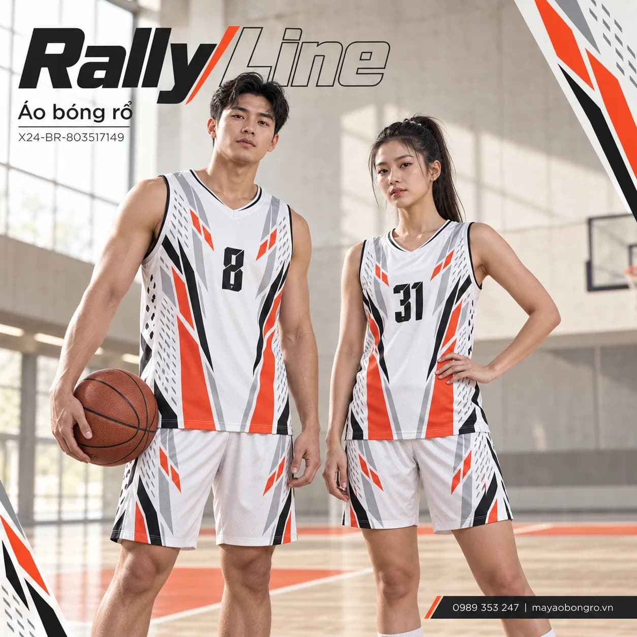 Áo bóng rổ sát nách Rally Line phối trắng, xám bạc, đen và đỏ cam