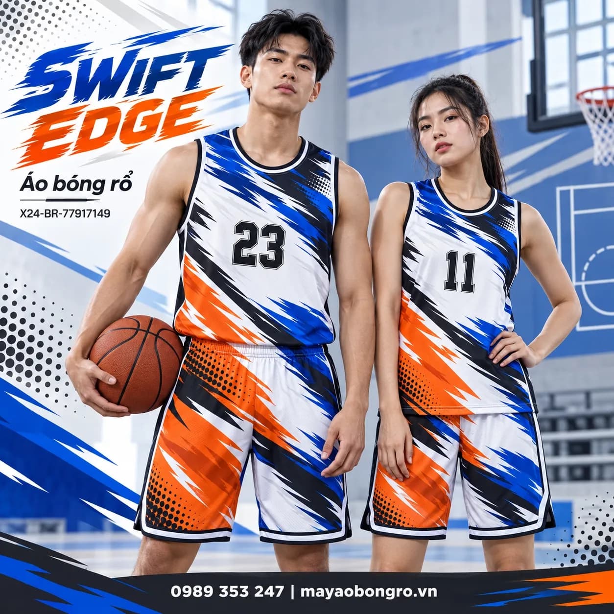 Áo bóng rổ sát nách Swift Edge phối trắng, xanh cobalt, đen và cam trên sân bóng