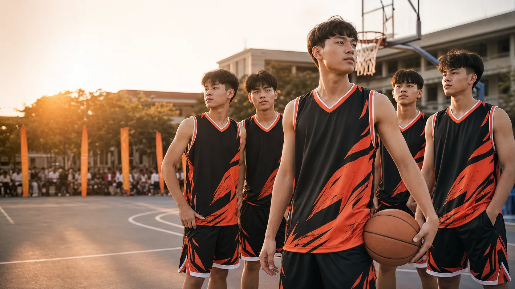 Đội học sinh THPT mặc áo bóng rổ đen cam chuẩn bị thi đấu trên sân trường